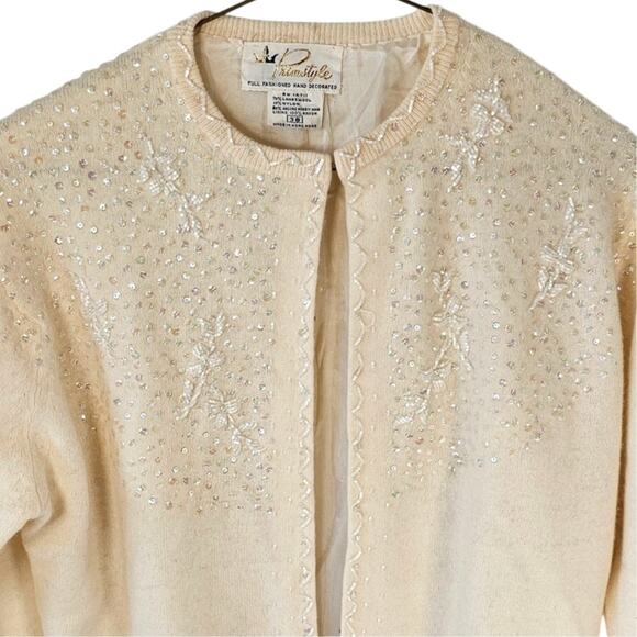 Vintage Beaded Cardigan Sweater Primstyle 38 Cream Angora Wool Sequin Hong Kong - Picture 1 of 16